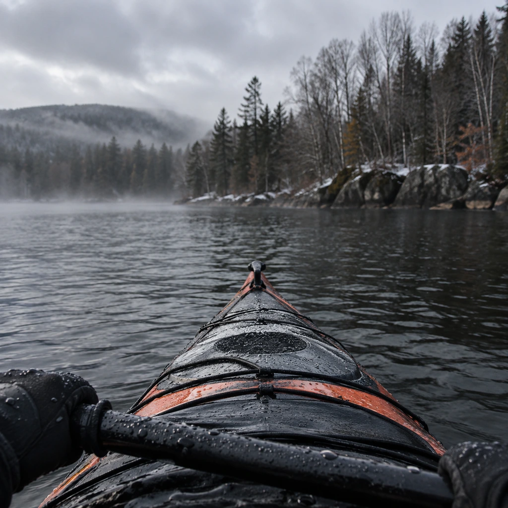 Cold water kayaking, a paddler in cold weather gear on dark autumn water