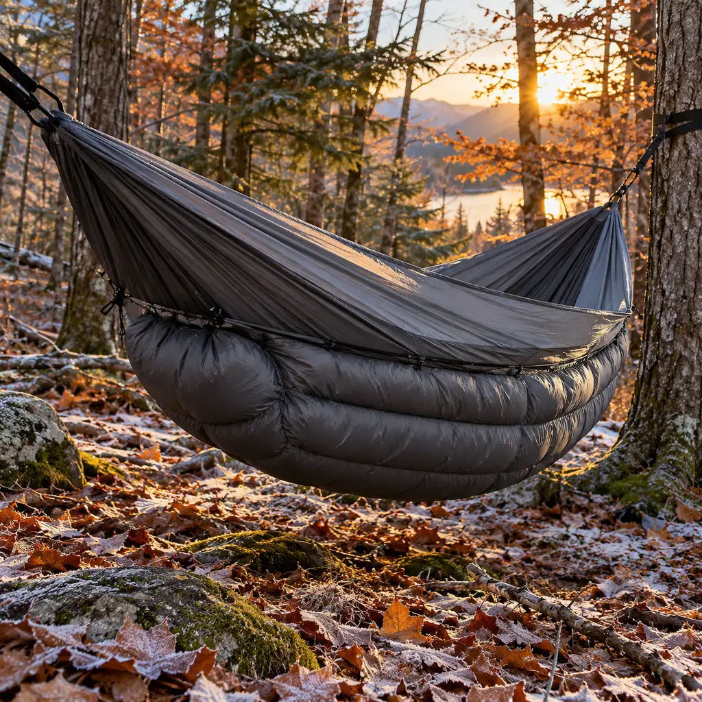 Cold weather hammock camping with a puffy underquilt in a frosty Adirondack forest
