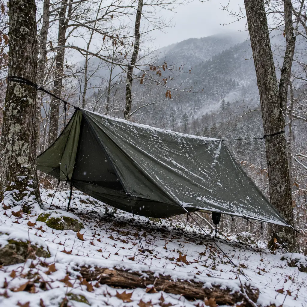 Winter hammock camp with a low closed tarp in the Great Smoky Mountains