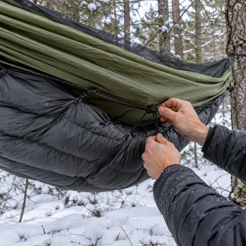 Camper adjusting underquilt suspension beneath a hammock in a snowy Michigan pine forest
