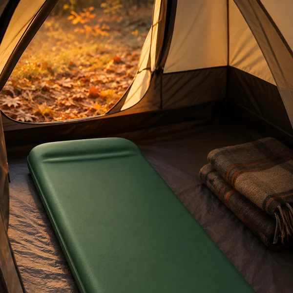 Insulated sleeping pad inside a tent, one of the fall camping essentials