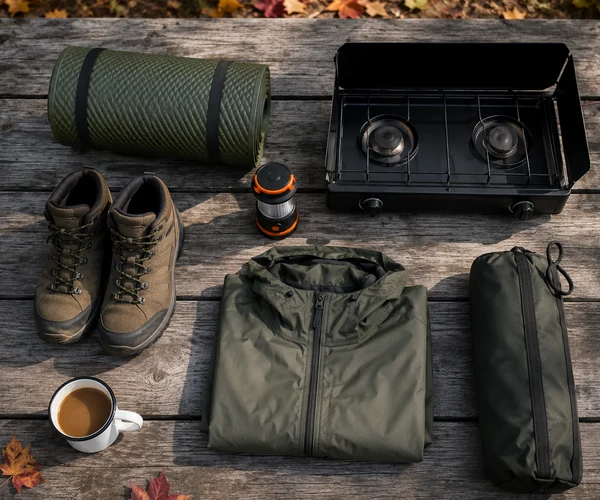 Fall camping essentials laid out on a picnic table with autumn leaves