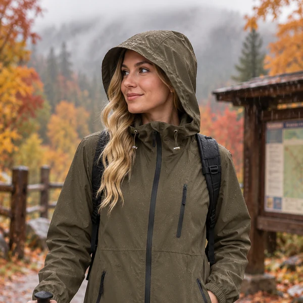Packable waterproof rain jacket worn at a misty autumn trailhead