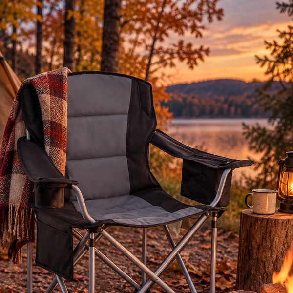 Padded folding camping chair beside a campfire in autumn woods