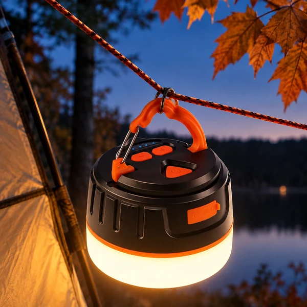 Rechargeable camping lantern glowing beside a tent at dusk in autumn