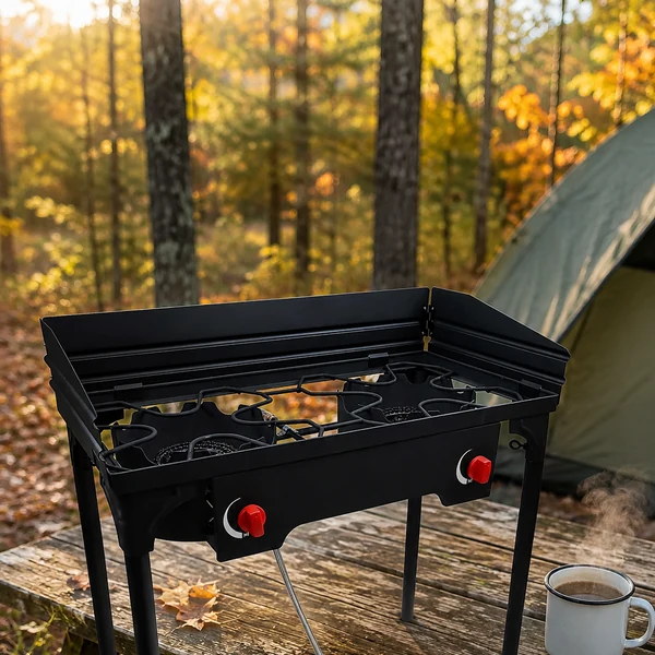 Two burner camp stove on a picnic table at a fall campsite