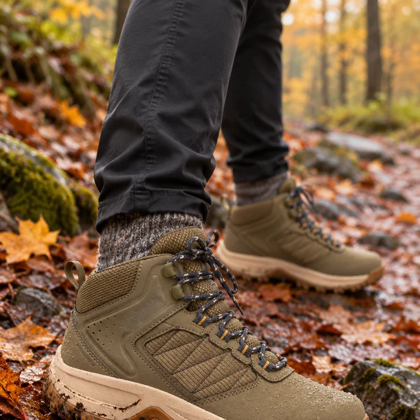 Waterproof hiking boots on a wet leaf covered autumn trail