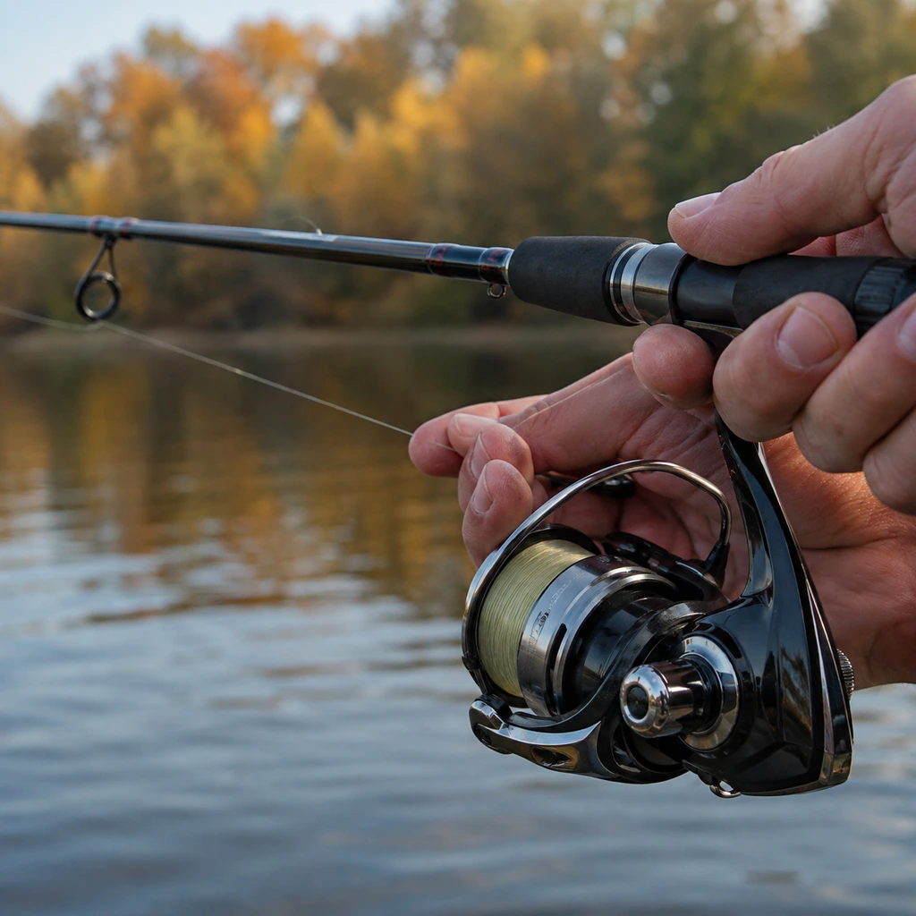 Fall fishing tips for beginners, hands holding a spinning rod low over the water