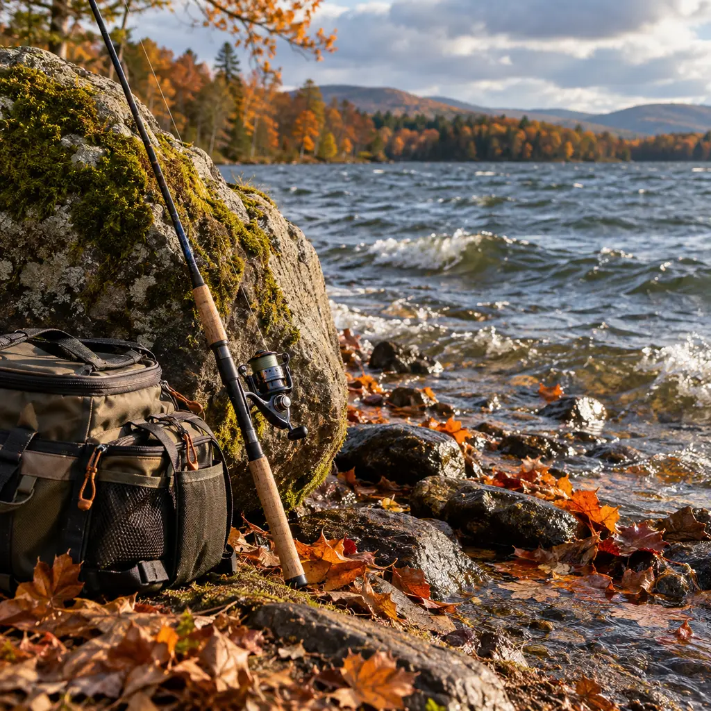 Spinning rod propped against a boulder on a wind blown autumn lake bank