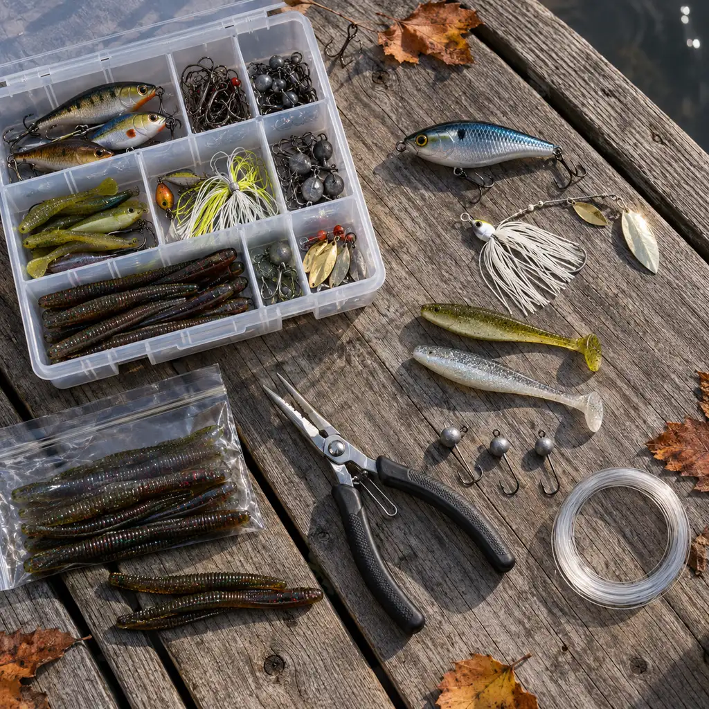 Autumn lure selection on a dock with a crankbait, spinnerbait, swimbaits and jigs