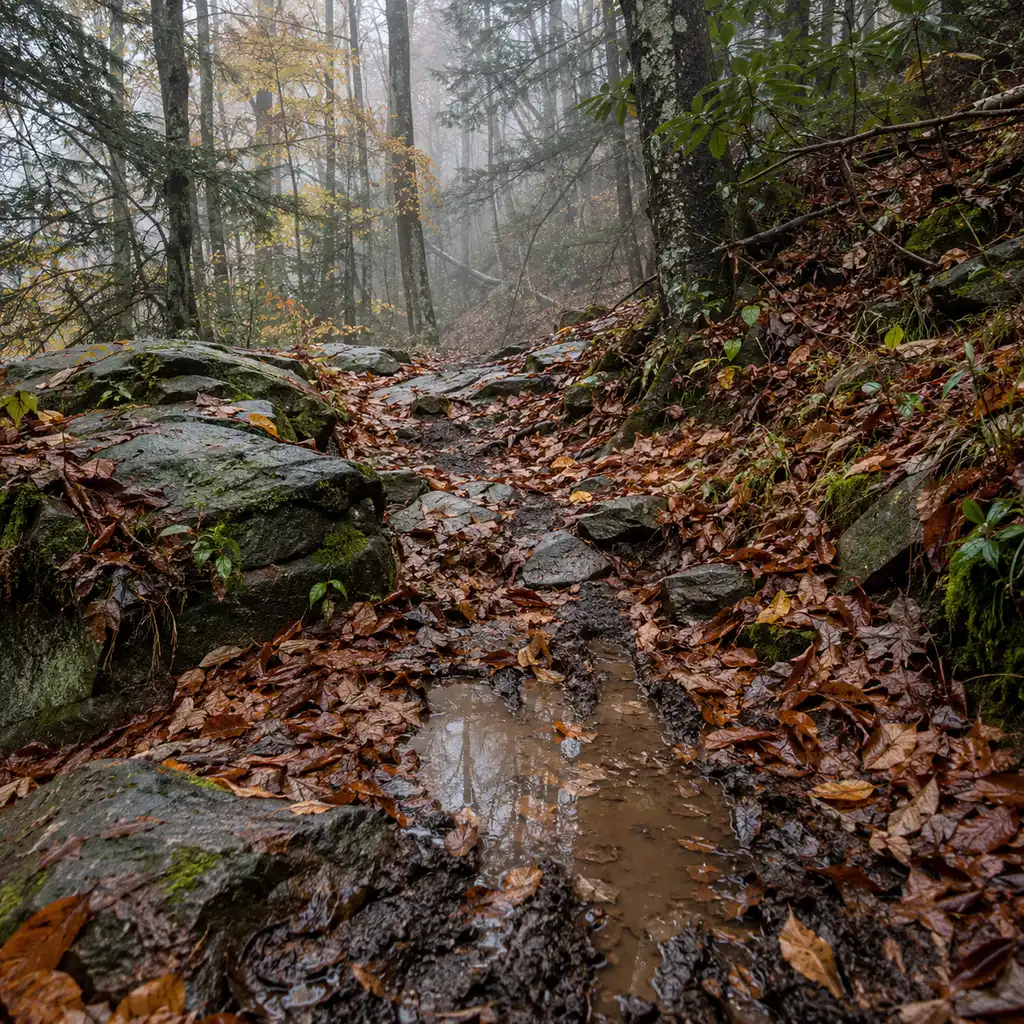 Wet rocky trail step covered in fallen leaves with a muddy rutted puddle