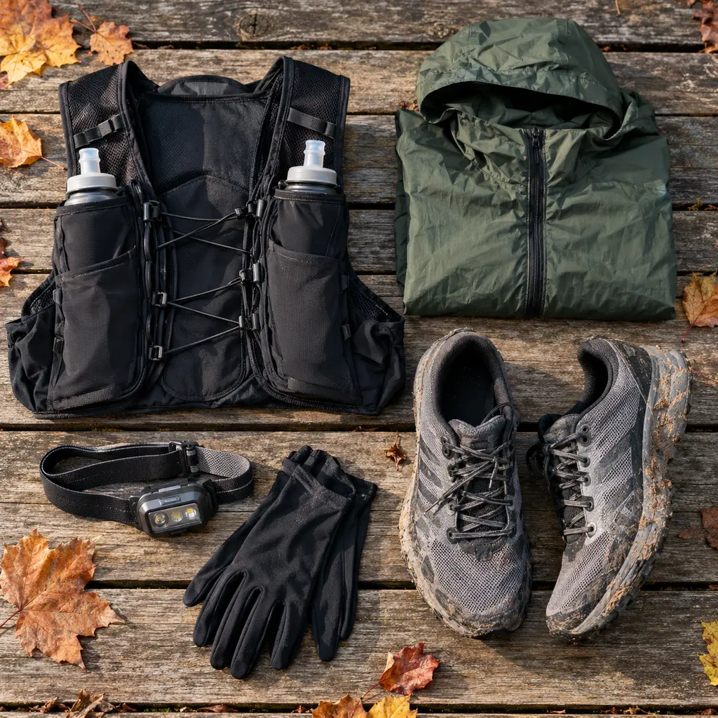 Running vest, wind shell, headlamp, gloves and muddy trail shoes laid out on boards