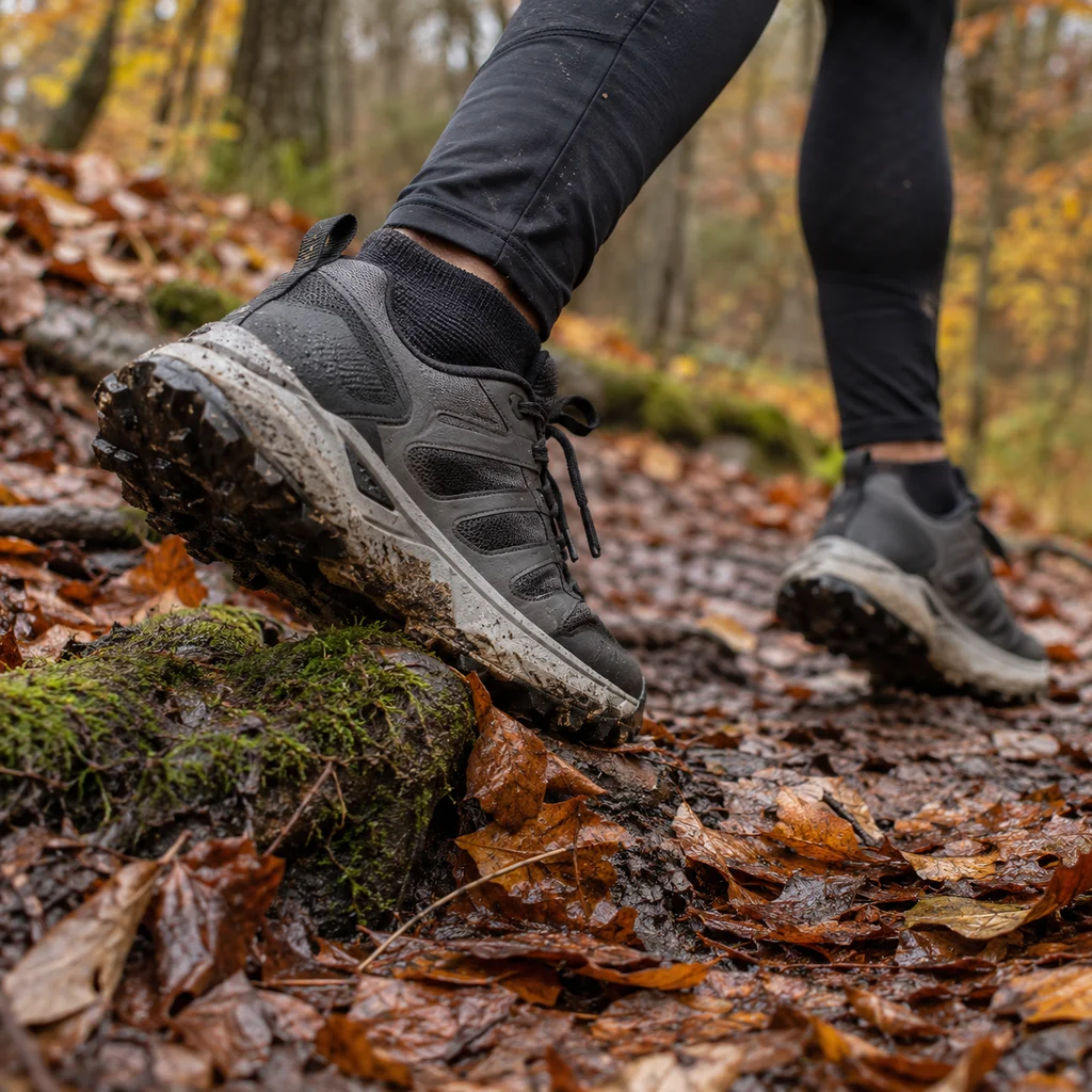 Fall trail running shoes mid stride on a wet leaf covered woodland trail