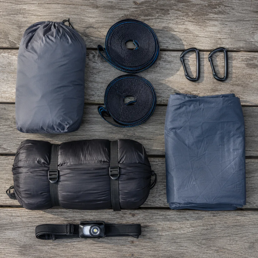 Flat lay of hammock camping kit with straps, carabiners, tarp and underquilt