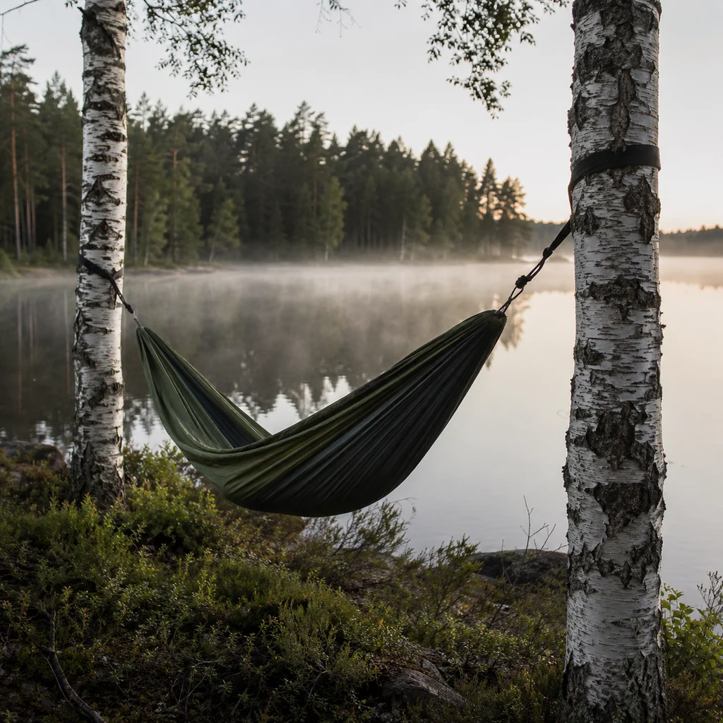Hammock camping for beginners, a hammock hung between birch trees at dawn