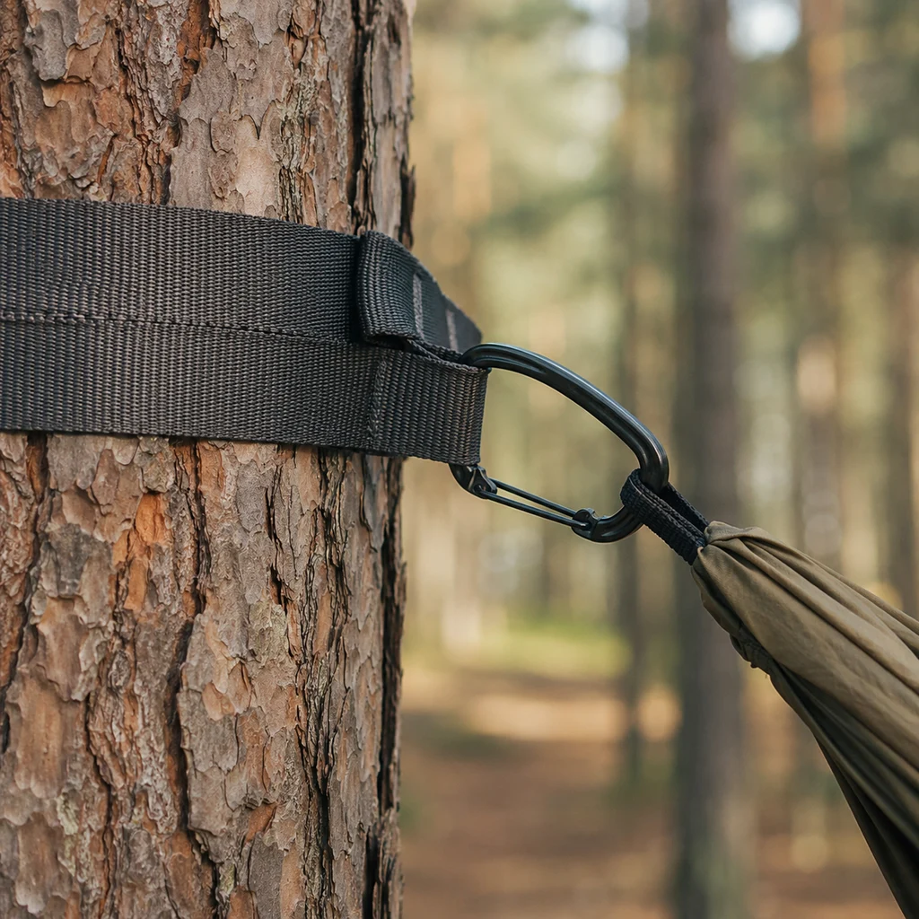 Wide webbing tree strap and carabiner wrapped around a pine trunk