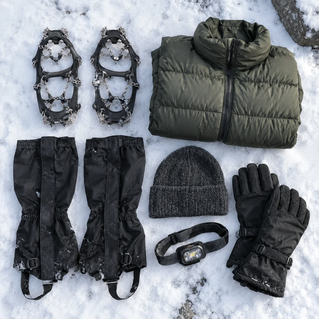 Microspikes, gaiters, insulated jacket, hat, gloves and a headtorch on snow