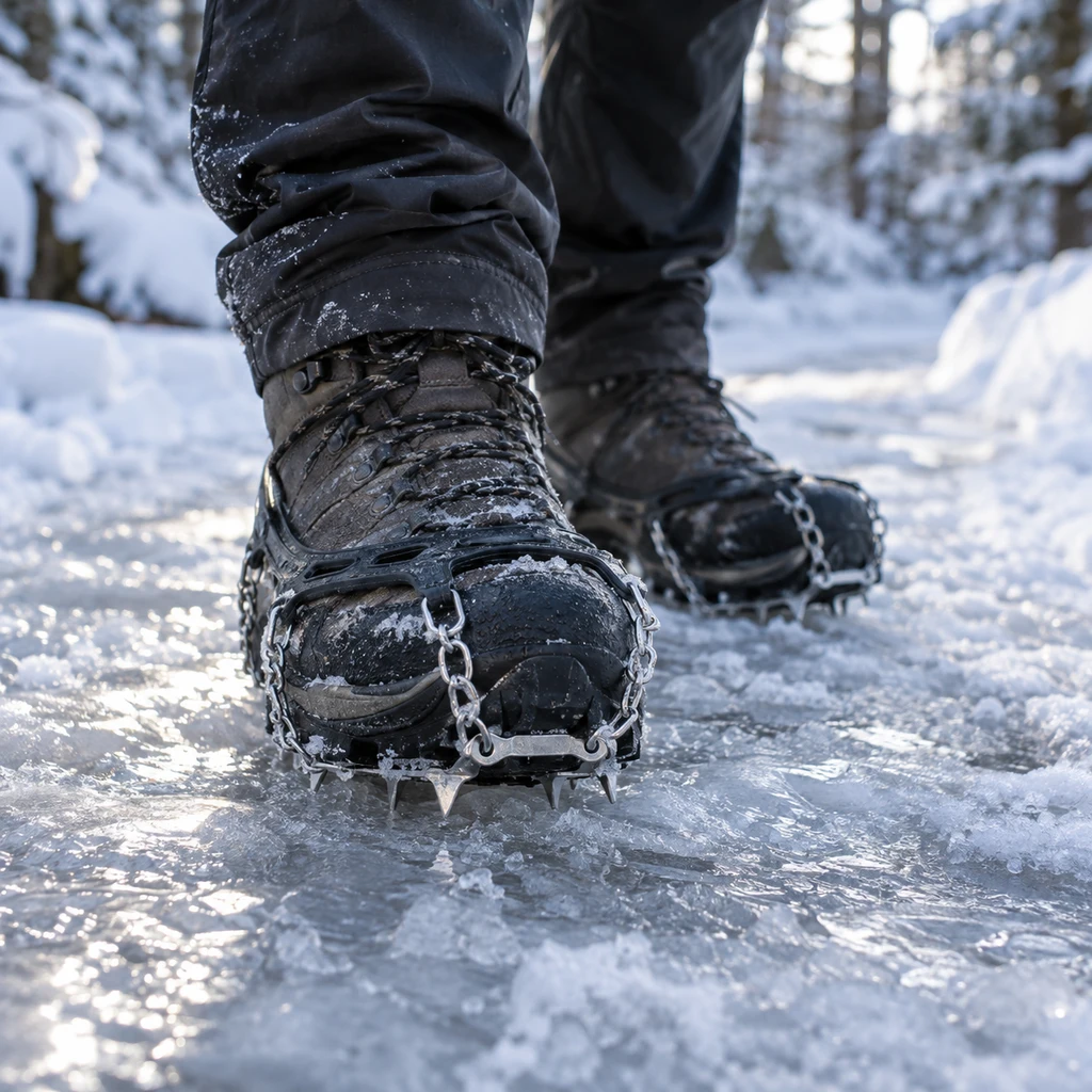 Hiking in snow and ice, boots with steel traction spikes on a frozen trail