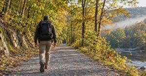Person rucking a gravel rail trail through early fall hardwoods in Virginia