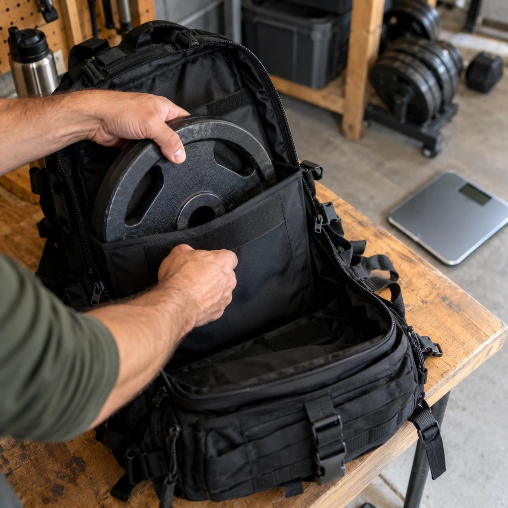 How much weight to ruck: sliding a cast iron plate into a rucking backpack