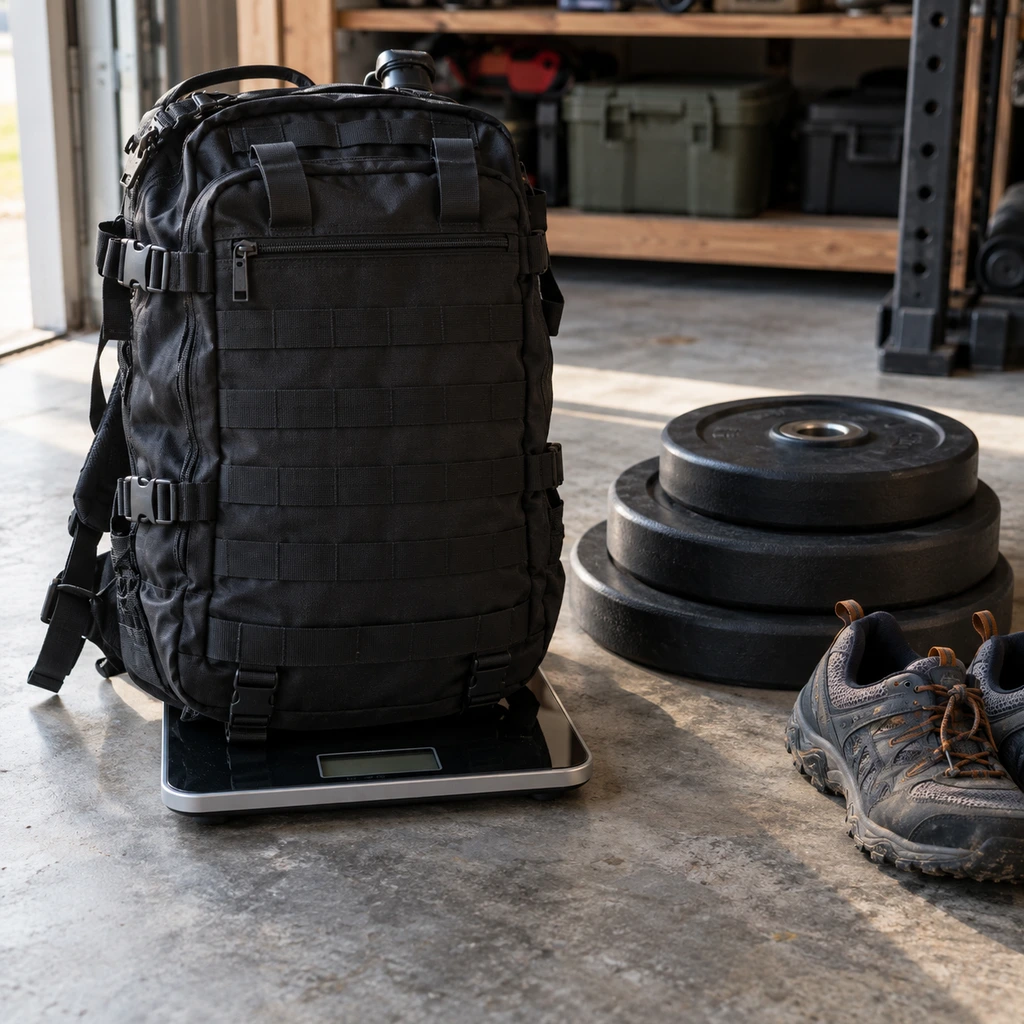 Rucking backpack on a bathroom scale beside stacked weight plates in a garage