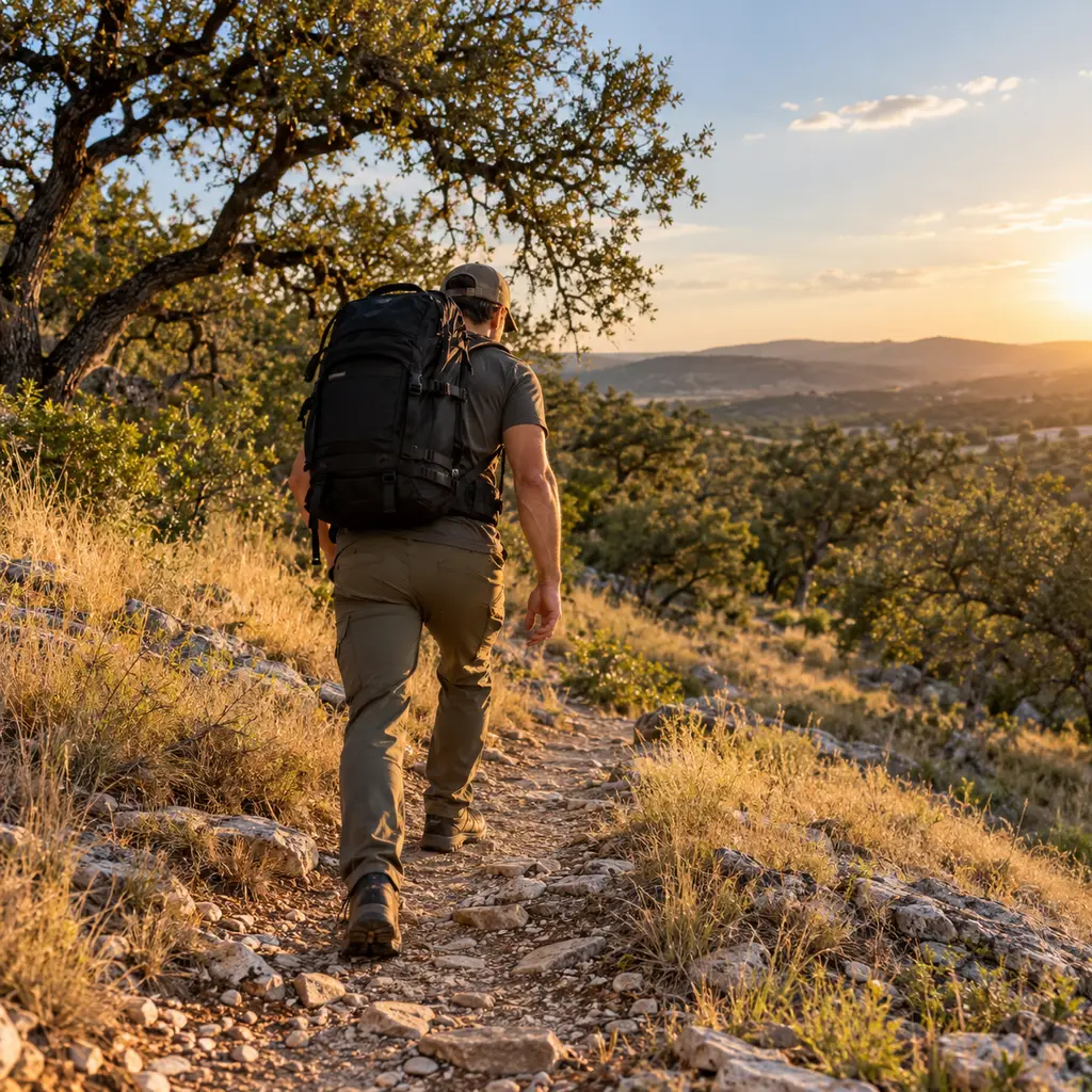 Person rucking up a dirt trail in the Texas Hill Country at golden hour
