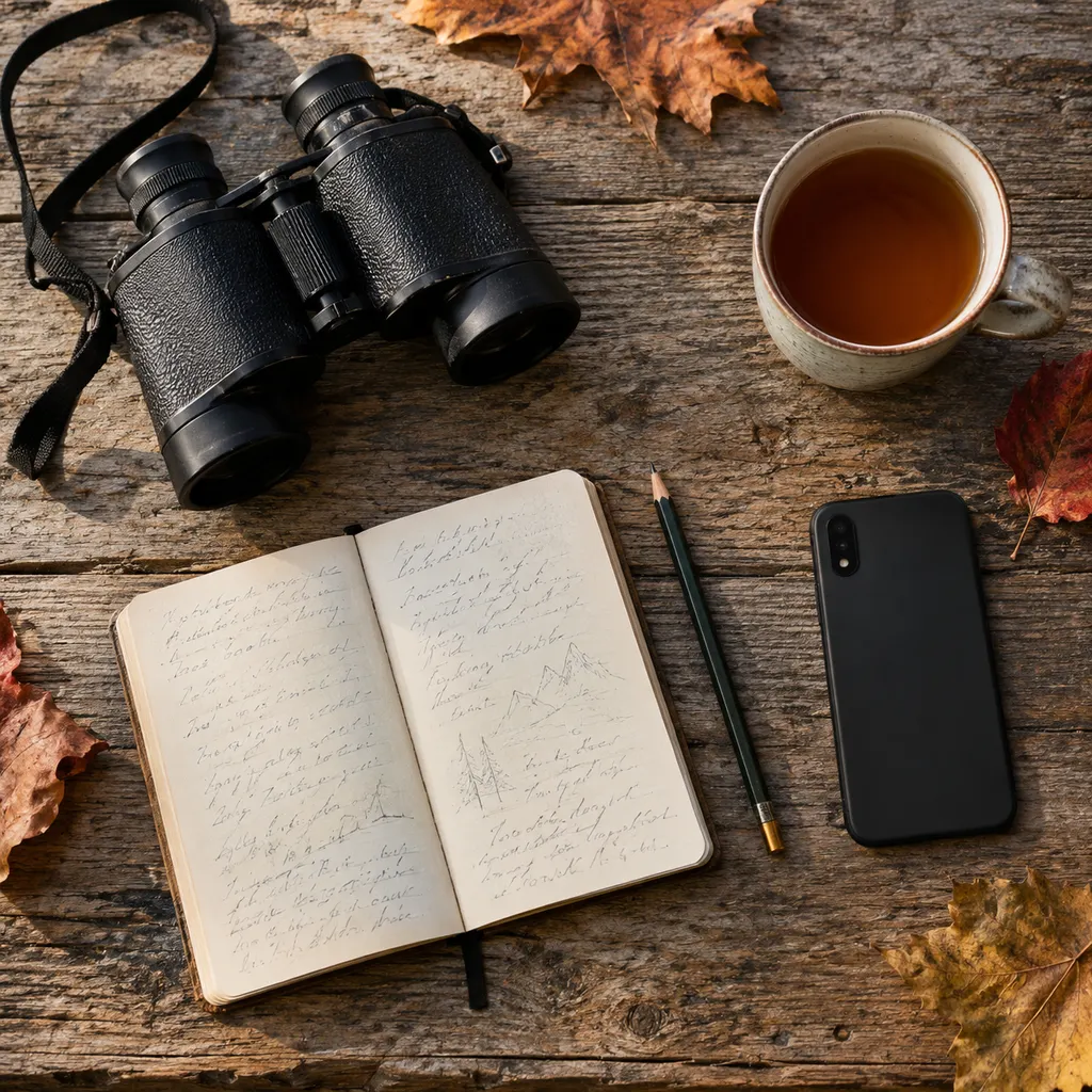 Binoculars, a notebook and a phone laid out on a wooden table for birding by ear