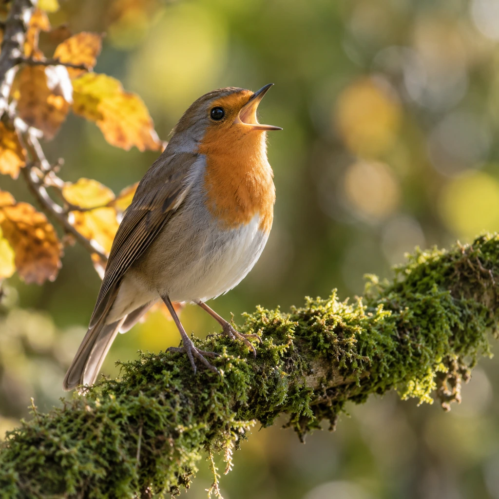 Identify birds by song, a songbird with its beak open on a mossy branch