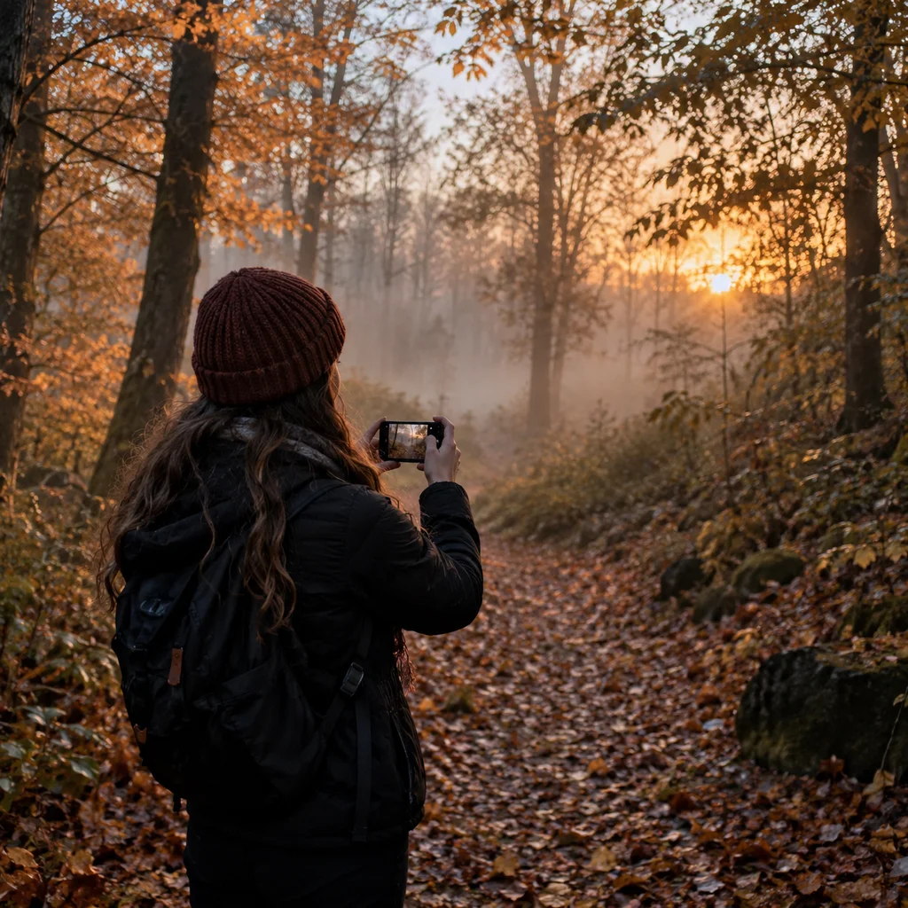 Standing still on a misty woodland path at dawn recording bird song on a phone