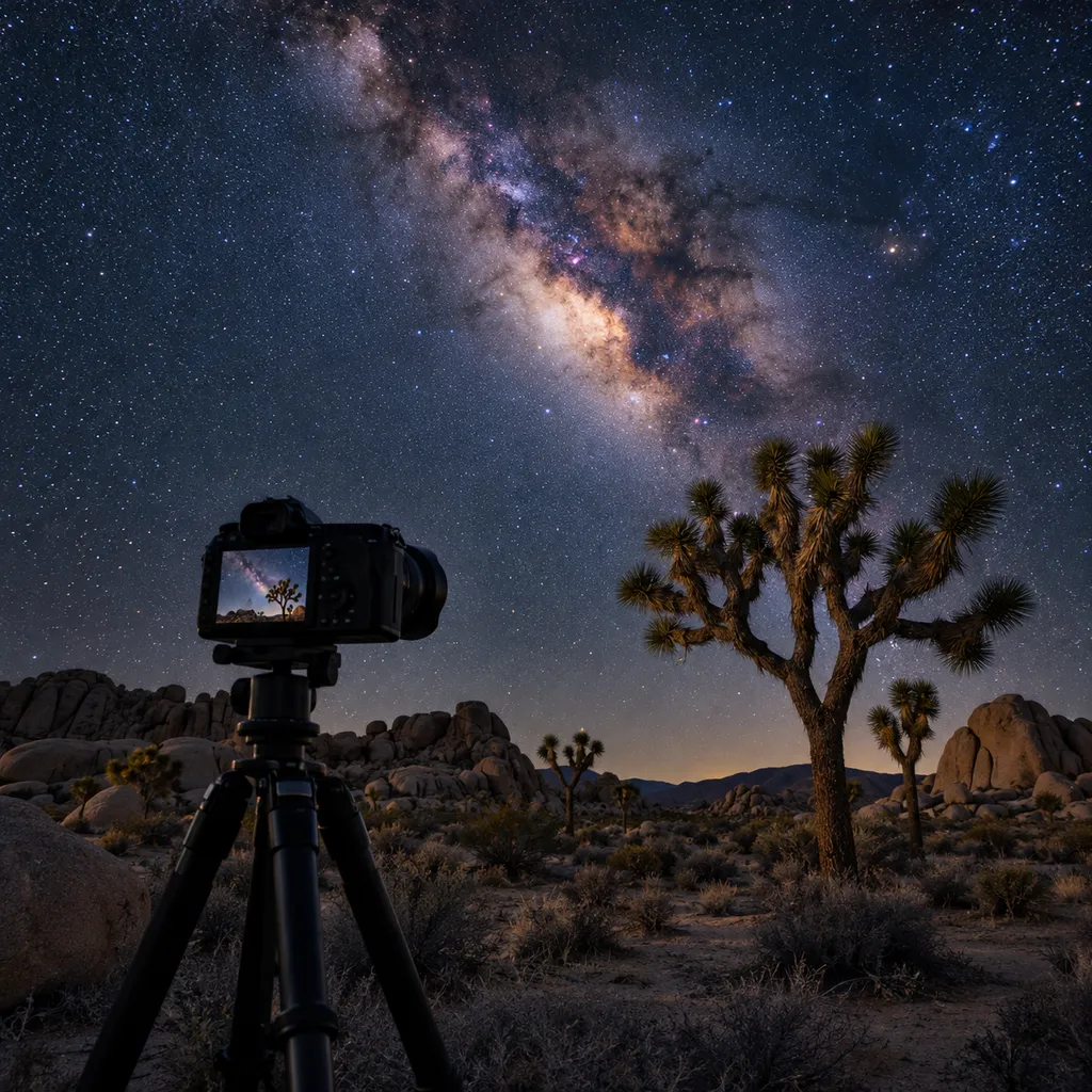 Tripod camera framing a Joshua tree under the Milky Way