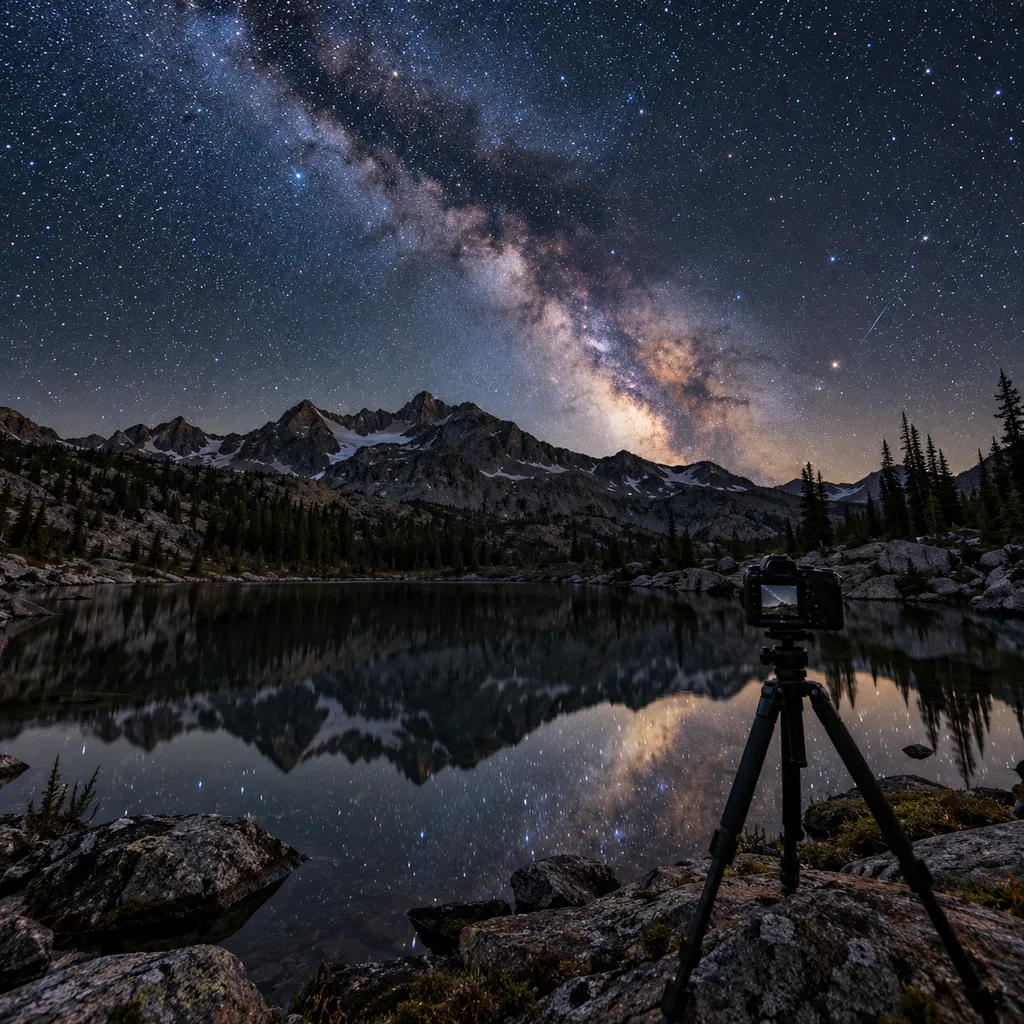Stars reflected in a calm Colorado alpine lake at night