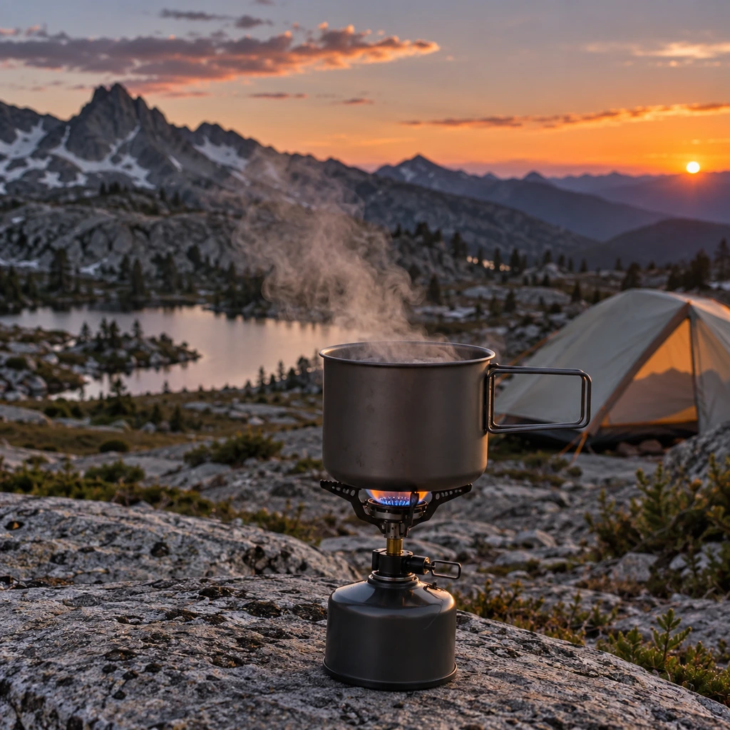 Backpacking stove boiling water in a titanium pot above treeline at dusk