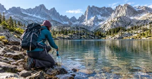 Backpacker filling a bottle through a squeeze filter at a Wind River alpine lake