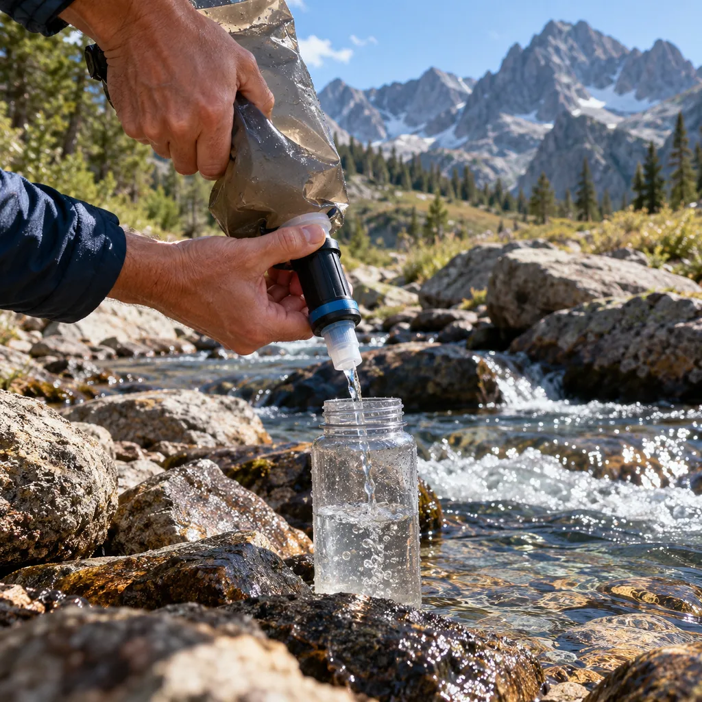 How to purify water backpacking: squeezing a pouch through a filter by a stream