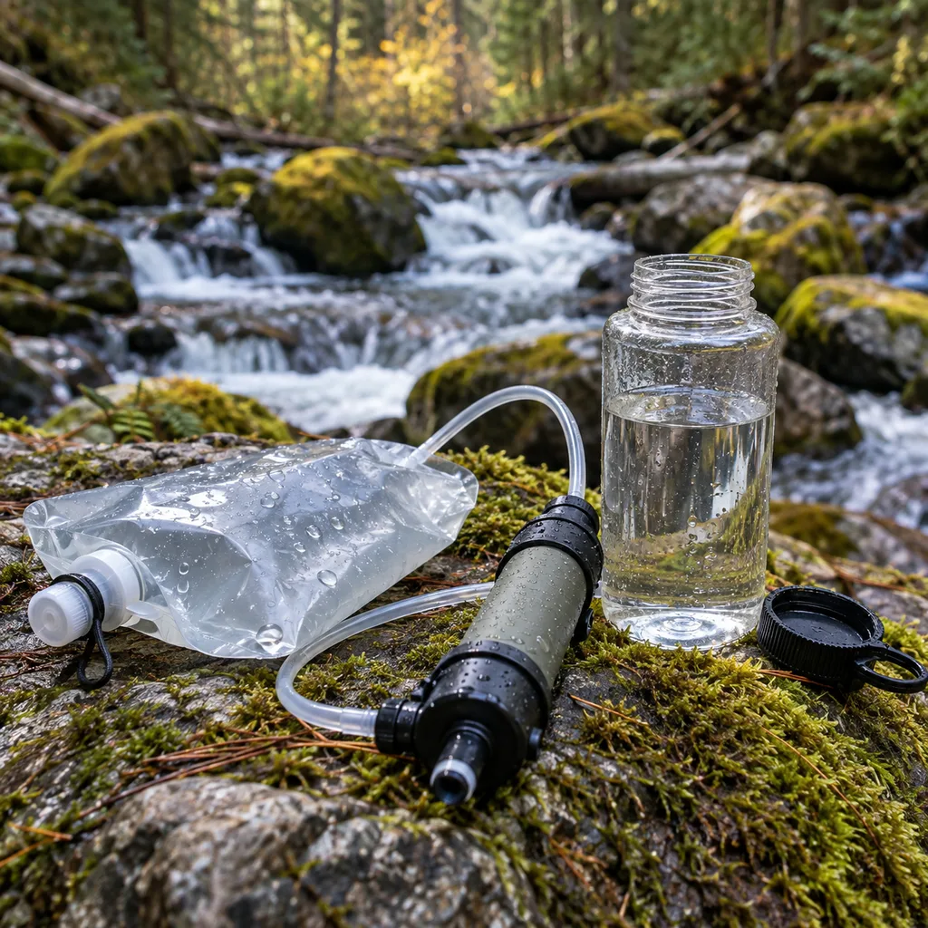 Squeeze filter, soft pouch and bottle on a mossy rock by a forest creek