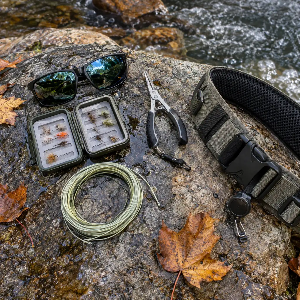 Polarised sunglasses, fly box, pliers and a wading belt on a river boulder