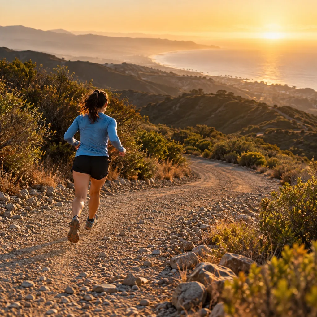 Trail runner descending a gravel fire road in the Santa Monica Mountains