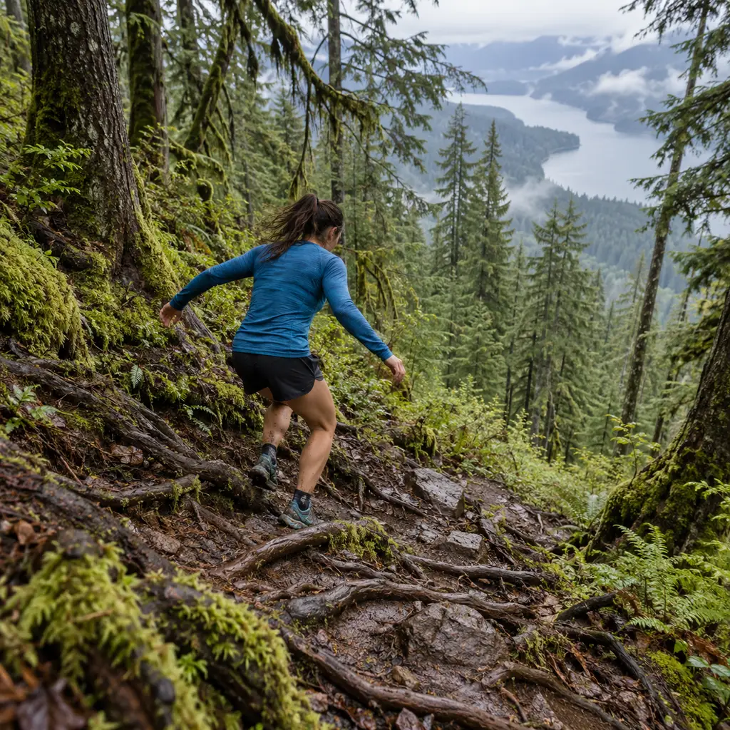 Trail runner descending a steep rooty forest trail with arms wide for balance