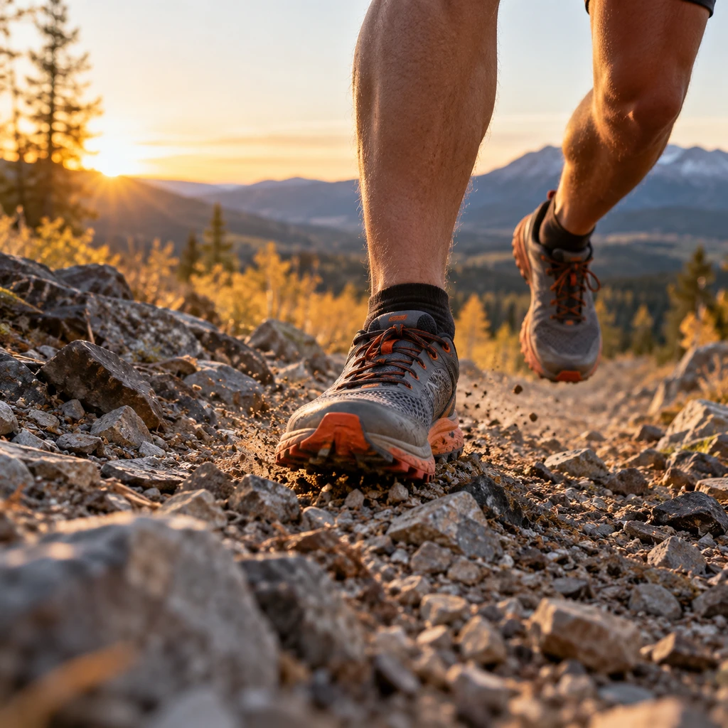 How to run downhill: trail running shoes landing on a rocky descent
