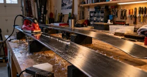 Skis on a workbench being hot waxed with an iron in a garage workshop