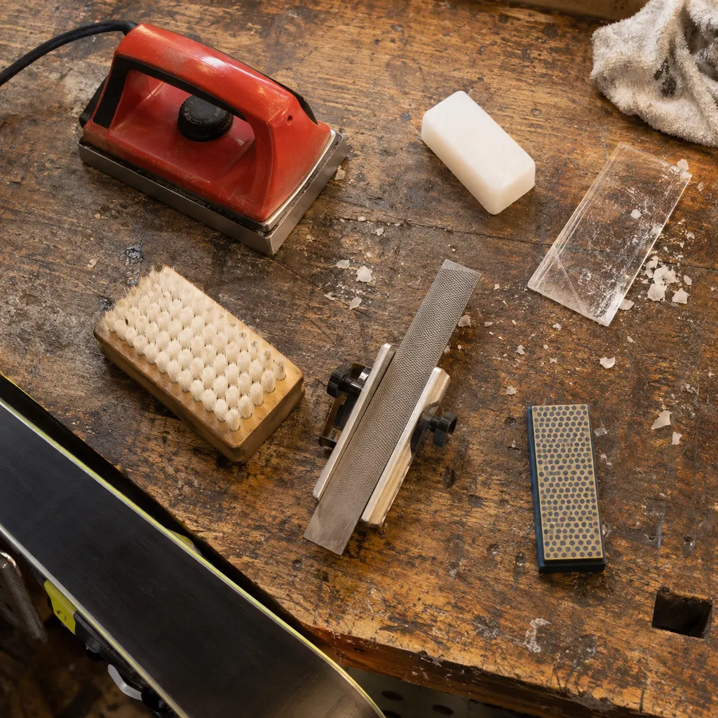 Wax iron, universal wax bar, plastic scraper, nylon brush and bevel guide