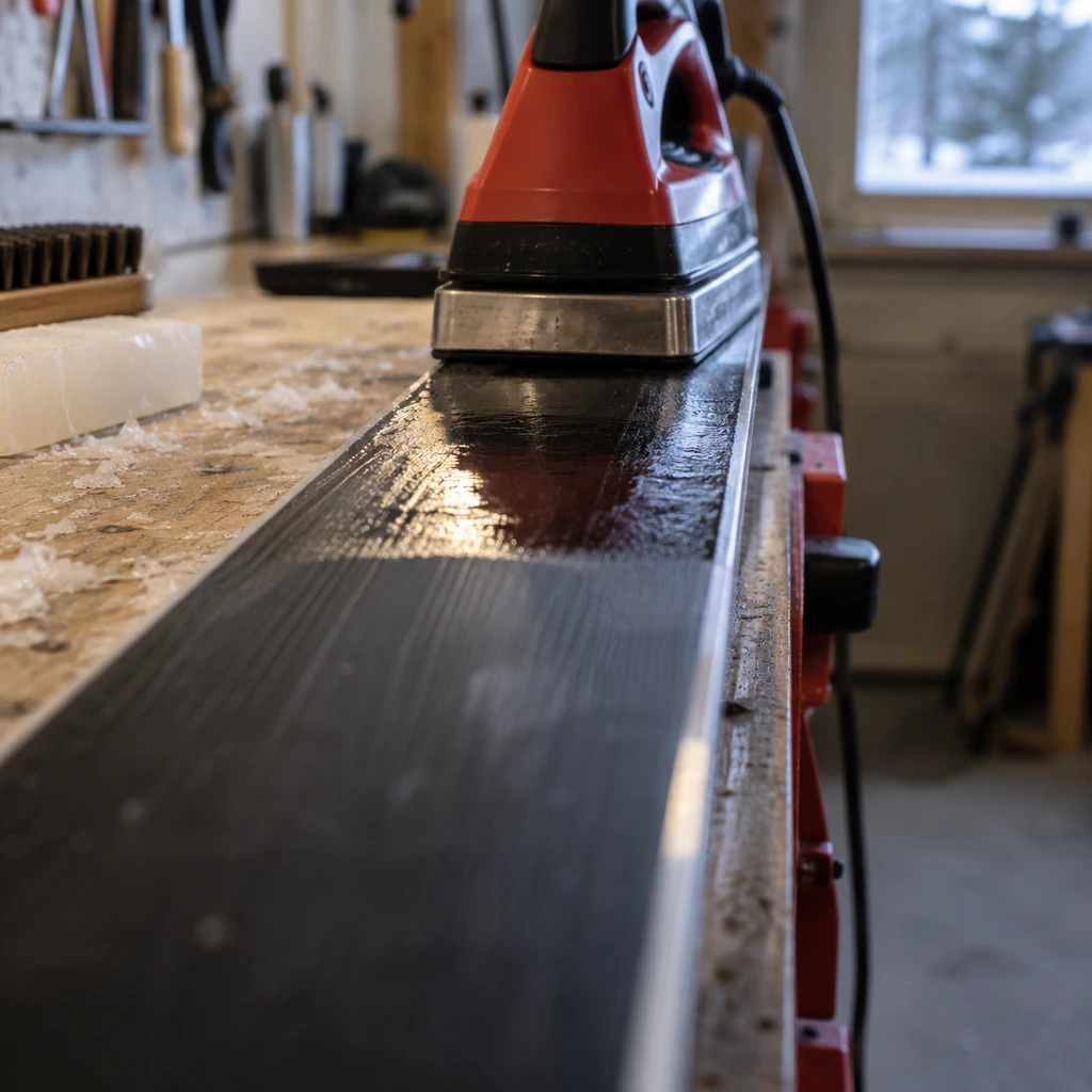 How to wax skis, molten wax being ironed along a ski base on a bench