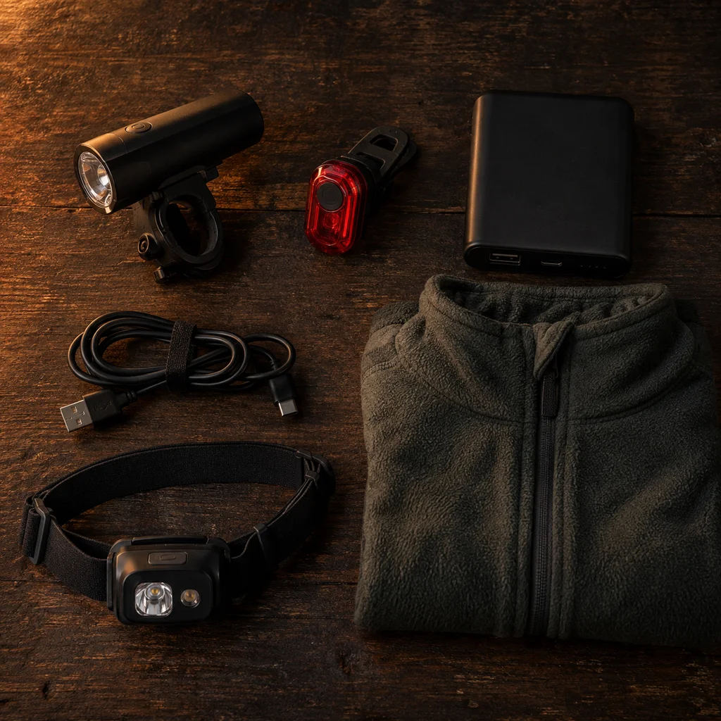 Front and rear bike lights, a power bank, cables and a headtorch on a table