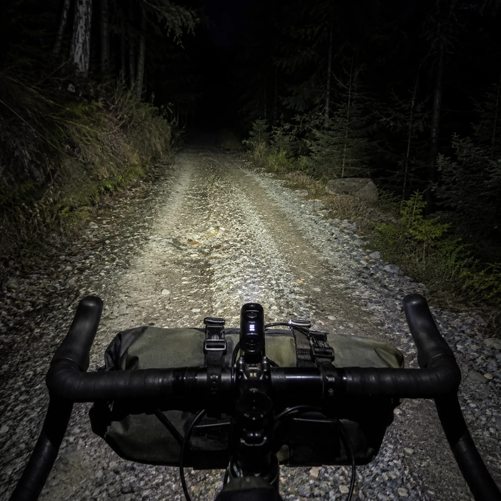 Night bikepacking, a bar light throwing a beam down a dark gravel trail