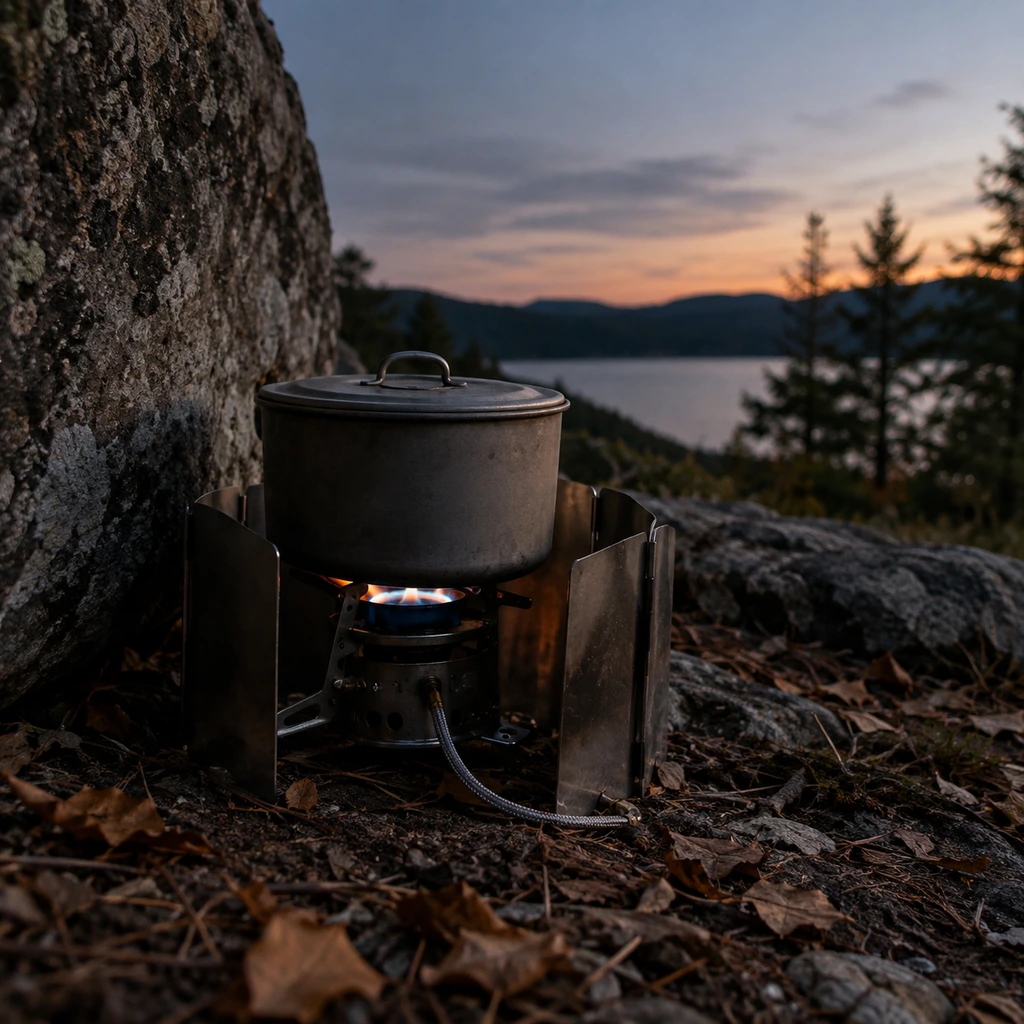 Camp stove with a windscreen and a lidded pot sheltered beside a rock
