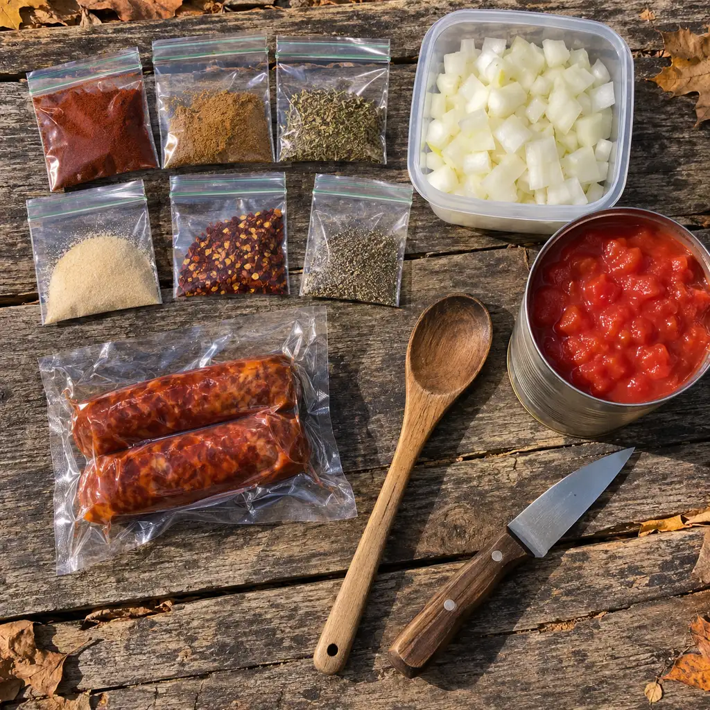Pre measured spice bags, chopped onion, tinned tomatoes and chorizo on boards