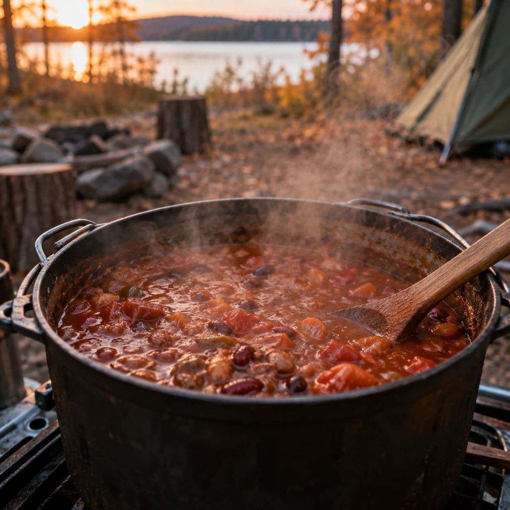 One pot camp meals, a thick bean and tomato stew bubbling in a camping pot