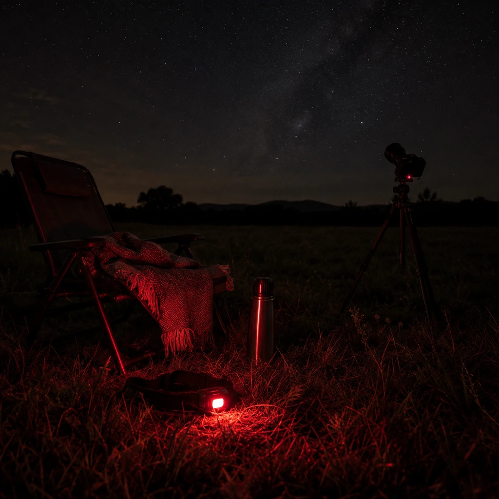 Reclining chair, blanket, flask and a red headlamp set up for a night of watching