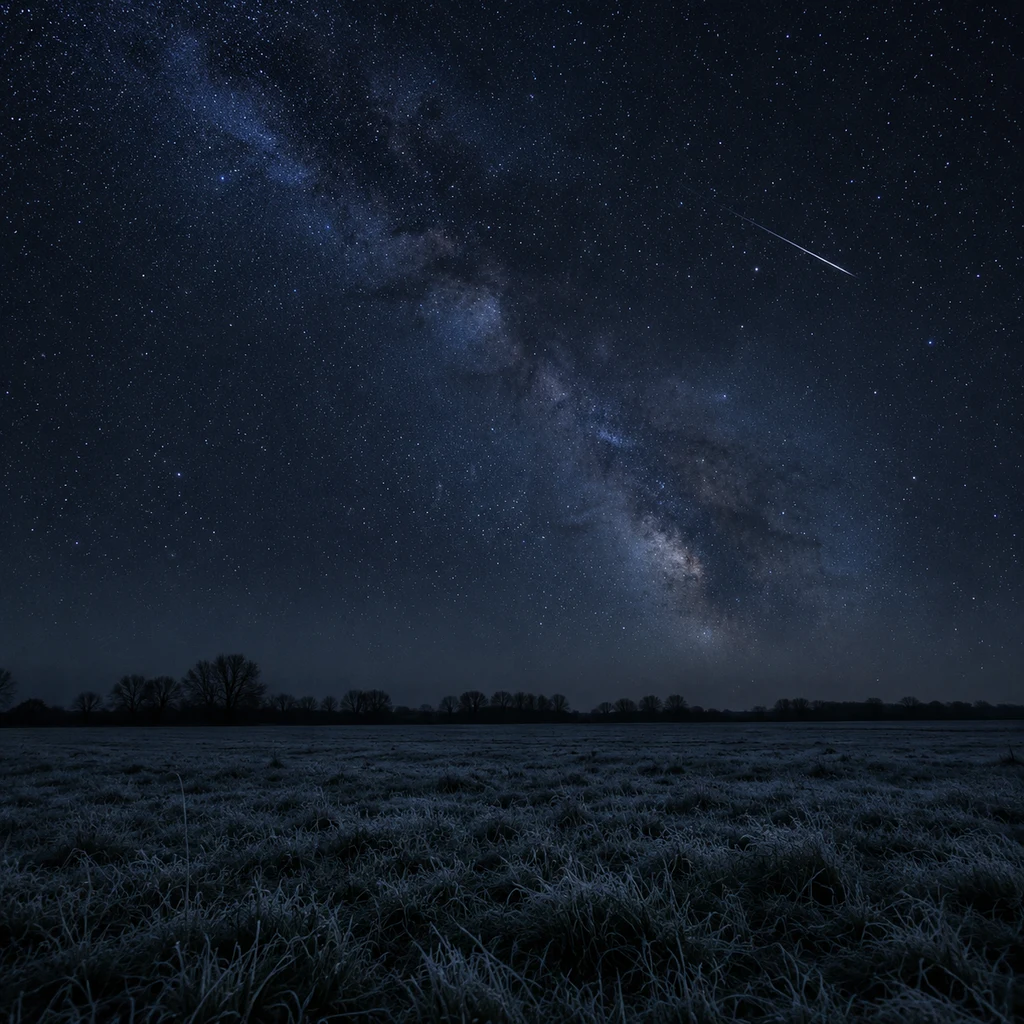 Frosted open meadow under a star filled sky with a faint meteor overhead