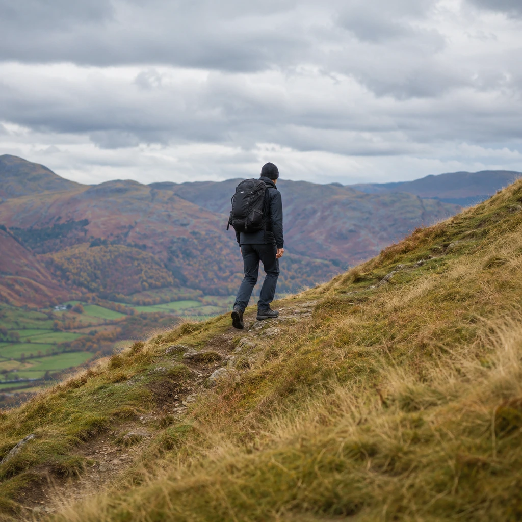 Upright walking posture under a loaded backpack on a grassy hill path